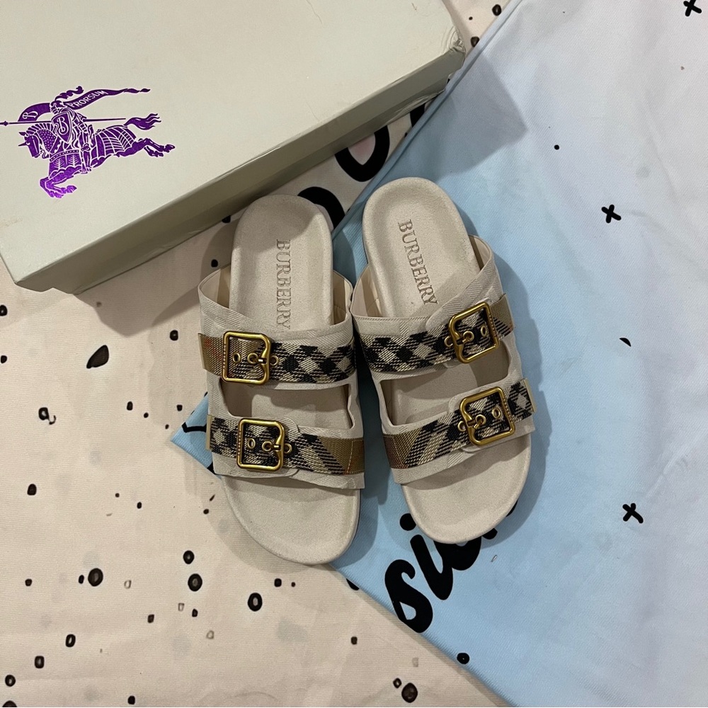 Burberry Beige Check Buckle Slide Sandals
